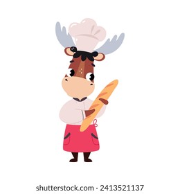 Cute Elk Chef Character in Toque Hold Bread Cooking Vector Illustration