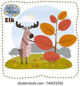 Cute elk, on a background of a landscape with elements of forest, trees, forest animals, cartoon style, banner, vector, illustration