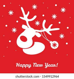 Cute elk with ornament bauble on its antler. White snowflakes on red background. Flat cartoon style. Happy New Year and Merry Christmas 2020 concept. Winter holidays greeting card. Vector illustration
