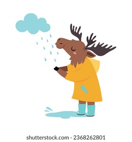 Cute Elk in Rainy Day Walking in Raincoat and Rubber Boots Vector Illustration