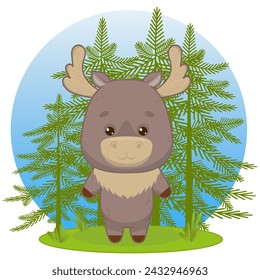 A cute elk stands in a spruce forest. Moose in kawaii style. Kawaii style. Vector illustration of drawings, prints and patterns. Isolated illustration for children on a white background