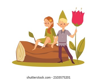 Cute elves boy and girl in the forest, cartoon flat vector illustration isolated on white background. Childish fairy characters with flower and tree. Concept of magic and fantasy world.