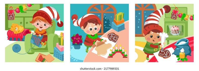 Cute elves and Christmas. Cartoon style characters. Set of pictures with background for design of posters, games, books, puzzles. Vector hand drawn illustration.