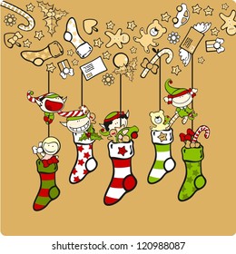 Cute elves with Christmas stockings