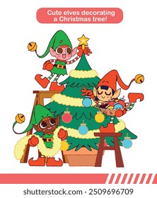 Cute elves decorating a Christmas tree! Vectorial illustration on transparent background. 