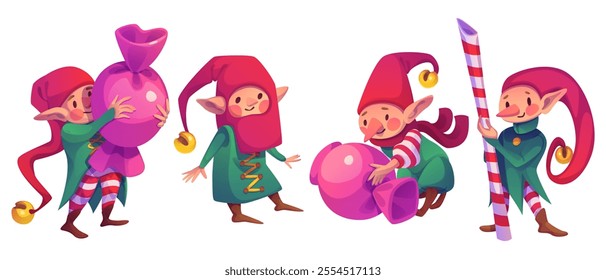 Cute elves in festive costumes carrying oversized candies and caramel cane. Santa Claus helpers in red hats, green outfits and striped leggings. Playful characters for Christmas greeting cards design.