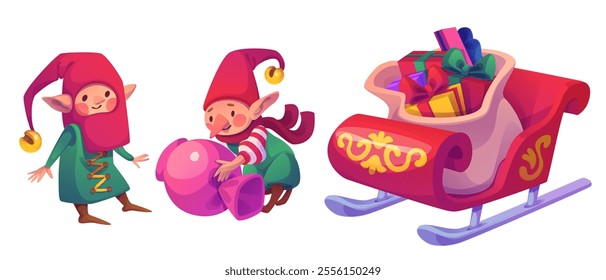 Cute elves in festive outfits carrying large candy next to decorated sleigh filled with colorful gifts in big sack. Playful Christmas atmosphere with Santa Claus helpers for Xmas holiday cards.