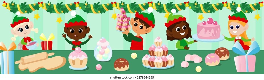 Cute elves prepare sweets before the holiday in the room or in the kitchen. In the foreground is a table and there are cupcakes and muffins, sweets in a jar, a rolling pin for dough, dough, a cake. 