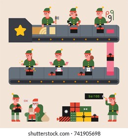 Cute elves preparing Christmas presents vector illustration flat design