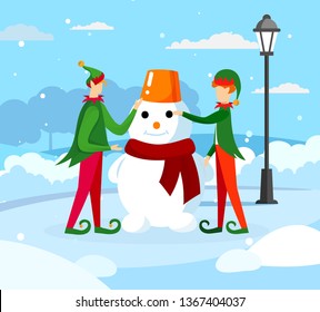 Cute Elves Santa Claus Helpers Playing on Winter Day Making Funny Snowman on Street with Snowdrifts Around. Christmas Holiday Season Scene, Greeting Card Characters Cartoon Flat Vector Illustration.