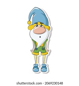 Cute Embarrased Gnome. Sticker. Isolated Cartoon Illustration.