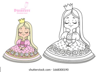 Cute embarrassed princess in a pink dress outlined and color for coloring book