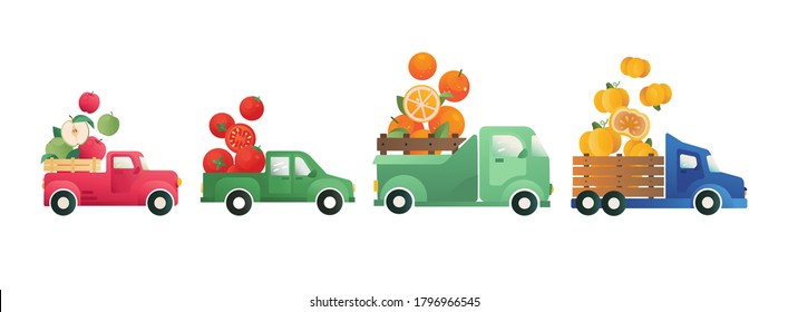 Cute Emblem Of Food Delivery, Summer Concept. Fruits In A Truck Vector Icons. Funny Element For Logo, Packaging, Print With Farm Fruits And Vegetables. Delivery Illustration. Healthy Food Print.