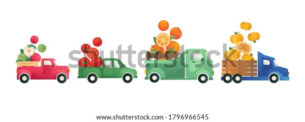Cute emblem of food delivery, summer concept.
Fruits in a truck vector Icons. Funny element for logo, packaging,
print with farm fruits and vegetables. Delivery illustration.
Healthy food print.
