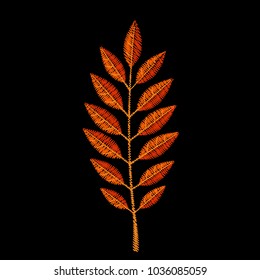 Cute embroidered branch from leaves for fashion. Decorative element for patches, stickers, badges, embroidery and prints. Design for fabric, clothing and accesories. Vector illustration. Autumn leaf.