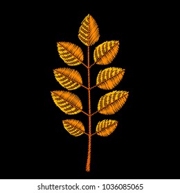 Cute embroidered branch from leaves for fashion. Decorative element for patches, stickers, badges, embroidery and prints. Design for fabric, clothing and accesories. Vector illustration. Autumn leaf.