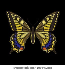 Cute embroidered butterfly for fashion design. Decorative element for patches, stickers, embroidery and prints. Vector illustration.