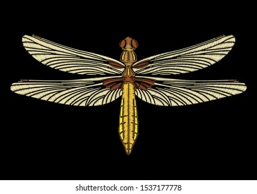 Cute embroidered butterfly for fashion design. Decorative element for patches, stickers, embroidery and prints. Vector illustration.