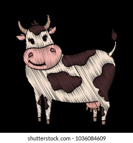 Cute embroidered cow for kids fashion design. Decorative element for patches, stickers, badges, embroidery and prints. Template for fabric, clothing and accesories. Vector illustration.
