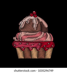 Cute embroidered cupcake for fashion design. Decorative element for patches, stickers, badges, embroidery and prints. Design for fabric, clothing and accesories. Vector illustration. Food concept.