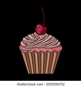 Cute embroidered cupcake for fashion design. Decorative element for patches, stickers, badges, embroidery and prints. Design for fabric, clothing and accesories. Vector illustration. Food concept.