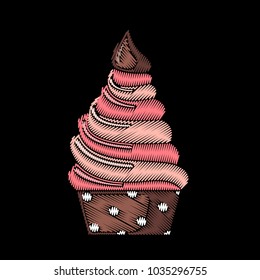 Cute embroidered cupcake for fashion design. Decorative element for patches, stickers, badges, embroidery and prints. Design for fabric, clothing and accesories. Vector illustration. Food concept.