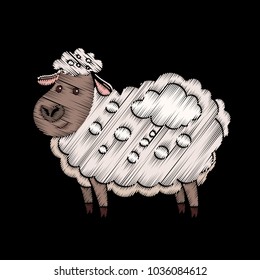 Cute embroidered sheep for kids fashion design. Decorative element for patches, stickers, badges, embroidery and prints. Template for fabric, clothing and accesories. Vector illustration.
