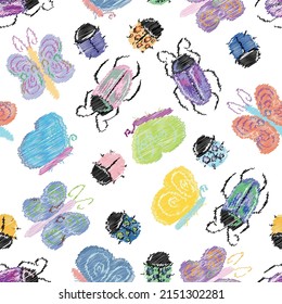 Cute Embroidery Insects Kids Vetor Background Pattern Seamless