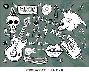 Cute embroidery patches and stickers collection. Punk is not dead. Hand drawn vector sketches. Lips, skull, pins, guitar,stars,arrows,vinyl records, hand, rock symbols, hand written tag lines.