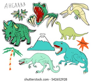 Cute embroidery patches and stickers collection.Hand drawn vector sketches. Dinosaurs, volcano, palm trees. Tyrannosaurus, triceratops, diplodocus, brontosaurus, velociraptor, pterodactyl.