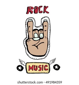 Cute embroidery stickers collection. Punk is not dead. Hand drawn vector sketches. Hand palm, rock symbols, hand written tag lines.