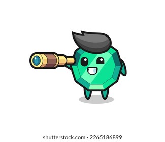 cute emerald gemstone character is holding an old telescope , cute style design for t shirt, sticker, logo element