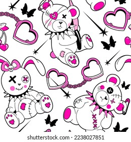 Cute Emo crue gothic toys  Creepy Y2k pink glamour goth seamless pattern  90s  00s aesthetic  Black butterfly  scary bear  rabbit  heart shaped handcuffs  crazy fun 2000s style background 