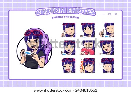 Cute emo e-girl stremer logo with icons and sticker expressions set