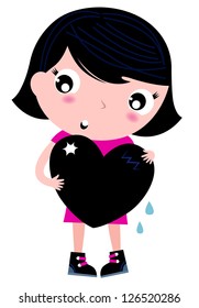 Cute emo girl holding heart isolated on white