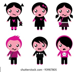 Cute emo kids collection isolated on white
