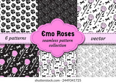 Cute emo roses black and white seamless pattern y2k, Hand drawn girly style. Vector illustration.