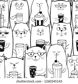 Cute emoji cats with coffee and drinks. Seamless pattern. Hand drawn animal silhouettes. Kids Background. Great for wrapping, printing, fabric, textile. Vector illustration