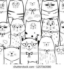 Cute emoji cats seamless pattern. Fashion black and white texture. Hand drawn animal silhouettes. Kids Background. Great for wrapping, printing, fabric, textile. Vector illustration