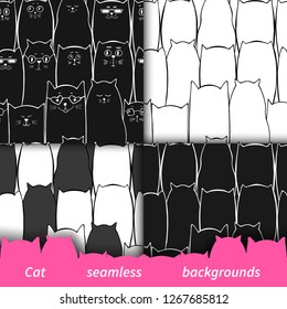 Cute emoji cats seamless patterns. Fashion black and white texture. Hand drawn animal silhouettes. Kid Background. Great for wrapping, printing, fabric, textile. Vector. Crowd of black and white cats.
