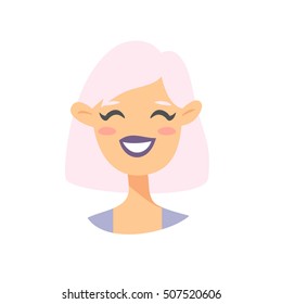 Cute Emoji character. Cartoon style emotion icon. Isolated holopunk girl avatar with nice facial expressions. Actual Flat illustration women's emotional face. Hand drawn vector acid emoticon
