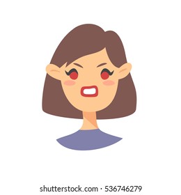 Cute Emoji character. Cartoon style emotion icon. Isolated girl avatar with evil facial expressions. Flat illustration women's emotional face. Hand drawn vector drawing emoticon