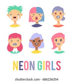 Cute Emoji character. Cartoon style emotion icon. Isolated holopunk girl avatar with nice facial expressions. Actual Flat illustration women's emotional face. Hand drawn vector neon teens emoticon