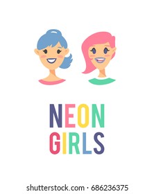 Cute Emoji character. Cartoon style emotion icon. Isolated holopunk girl avatar with nice facial expressions. Actual Flat illustration women's emotional face. Hand drawn vector neon teens emoticon