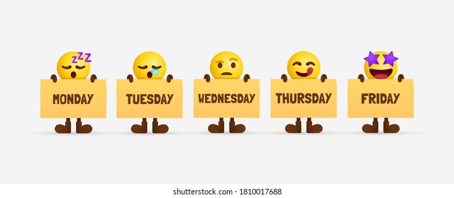 Cute emoji characters holding paper of weekday, office workers feeling timeline