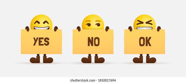 Cute emoji characters holding paper of text