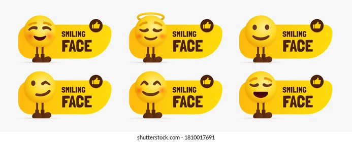 Cute emoji characters standing with text label, Set of happy face emotional