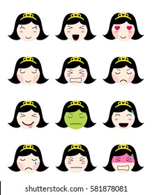 Cute emoji collection. Kawaii asian girl face. Set of flat emoticon in anime style. Isolated japanese girl icons with emotions: smile, cry, sad, angry, laughing, loved. Vector EPS10 illustration.
