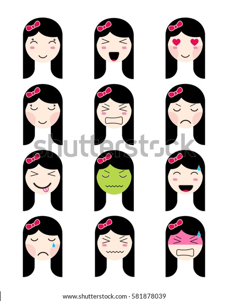 Cute Emoji Collection Kawaii Asian Girl Stock Image Download Now