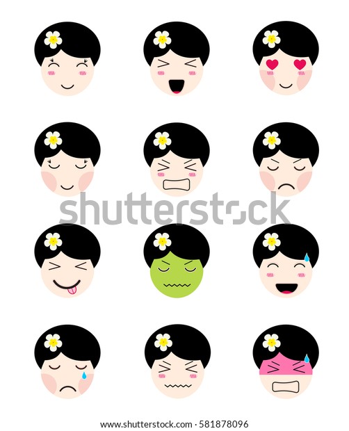 Cute Emoji Collection Kawaii Asian Girl Stock Vector Royalty Free